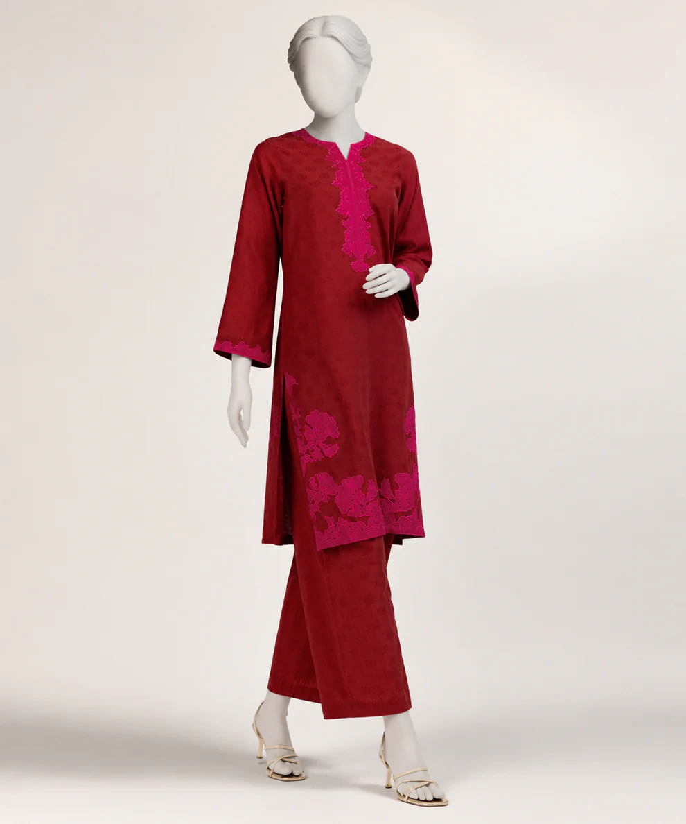 Red lawn embroidered co-ord set